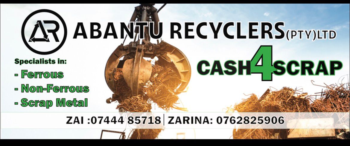 ABANTU RECYCLERS promotional banner showing CASH4SCRAP, ferrous, non-ferrous and scrap metal specialists